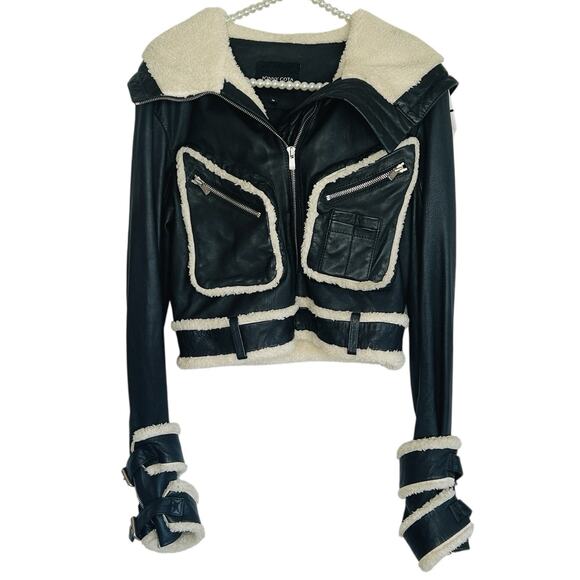 Jonny Cota Moto Y2k Rocker Leather Cropped Jacket Womens Medium Sherpa Biker - Picture 5 of 13